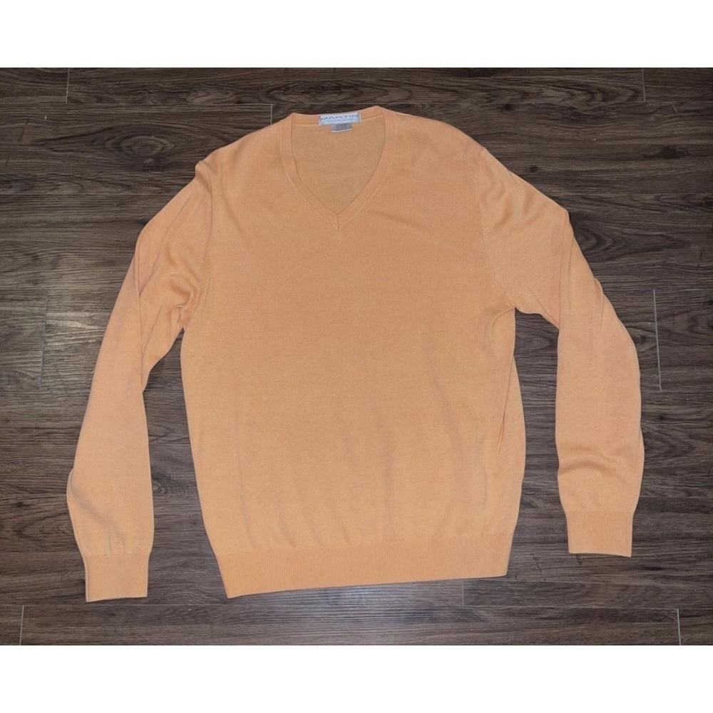 Martin Sweater Mens Medium Orange V Neck Merino Cotton Knit Pullover Lightweight
